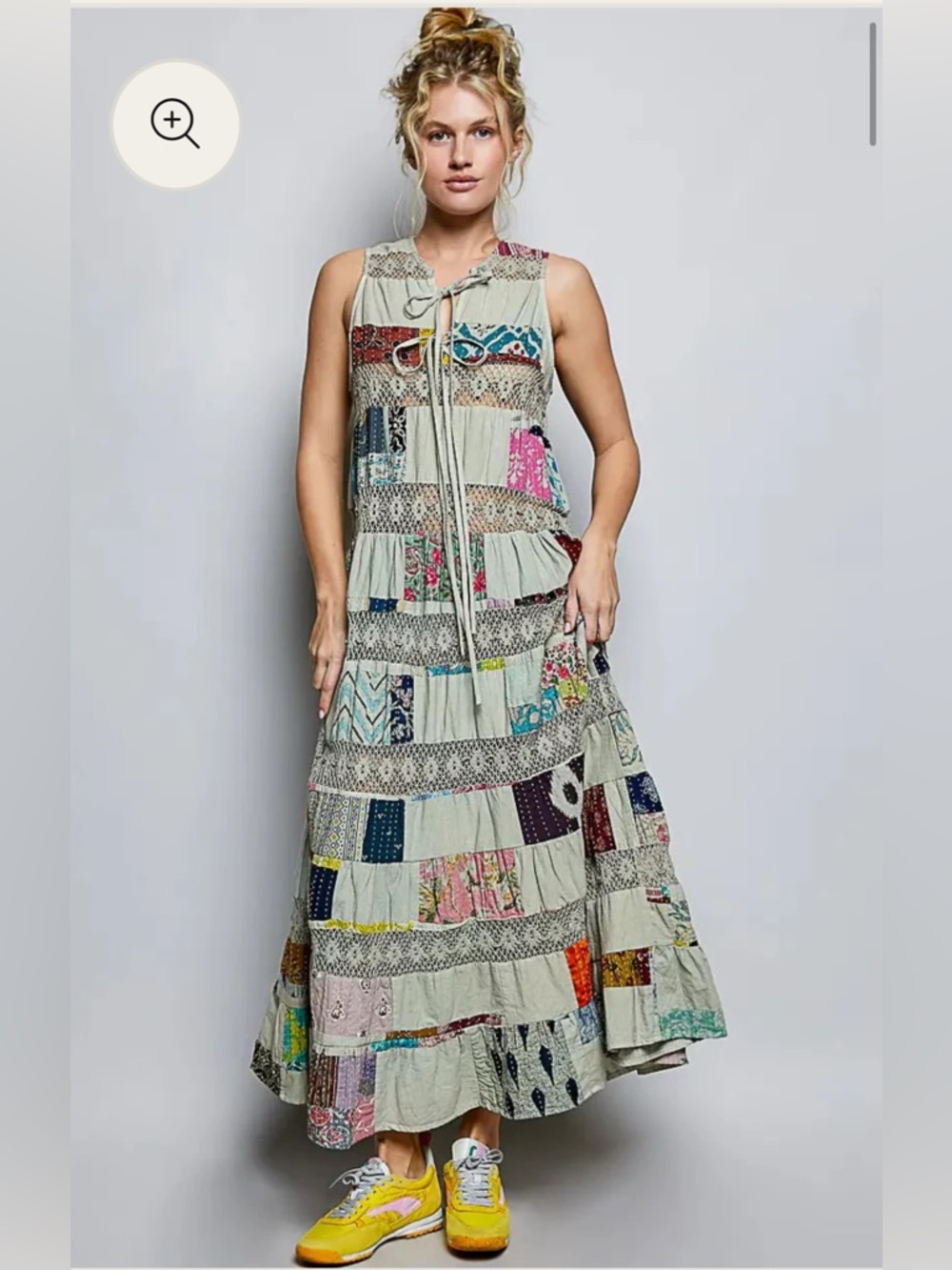 🎨Brand NWOT POL size Medium Mixed-Media Patchwork Tiered Maxi Dress - Picture 6 of 9